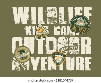 Wildlife outdoor adventure kids camp, grunge vector print for children wear with embroidery patches