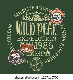 Wildlife outdoor adventure kids camp  vector print for children wear with applique patches grunge effect in separate layer