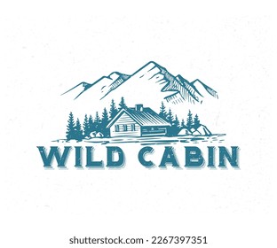 Wildlife outdoor logo deer, cabin and mountain, pine tree logo - vector illustration with vintage style