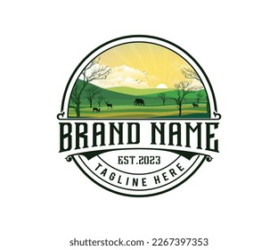 Wildlife outdoor logo deer, cabin and mountain, pine tree logo - vector illustration with vintage style