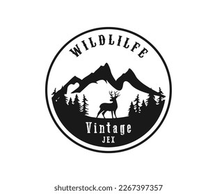 Wildlife outdoor logo deer, cabin and mountain, pine tree logo - vector illustration with vintage style