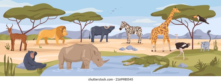 Wildlife Park Of Africa, Zoo Garden Or Menagerie, Nature Reserve For Animals Living In African Savannah. Lion And Zebra, Buffalo And Giraffe. Flat Cartoon, Vector Illustration