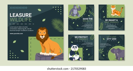 Wildlife Park Animals Social Media Post Template Flat Cartoon Background Vector Illustration
