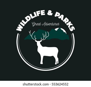 Wildlife and parks logo with deer and mountains. Camping logotype. Vector illustration