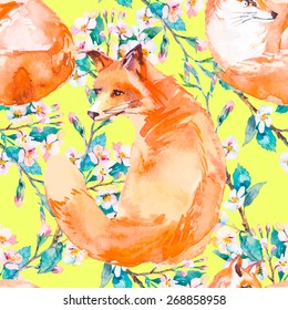 Wildlife pattern. Fox and flowering branches. Vector.Yellow background.