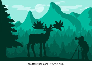 Wildlife photographer flat vector illustration. Minimalistic landscape with deer silhouette