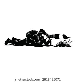 Wildlife photographer lying down on ground photographing small bird. Hide photography ground level shot silhouette vector illustration.