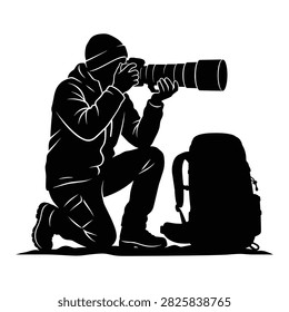 Wildlife photographer in winter cap capturing images; professional photography equipment outdoor activity