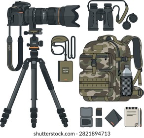 Wildlife photography kit set featuring DSLR camera with telephoto lens on tripod, binoculars, camo backpack, memory card, spare battery, and field notebook isolated on white background