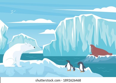 Wildlife polar flat composition with nordic landscape blocks of ice cliffs white bear penguins and seal vector illustration