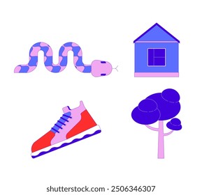 Wildlife precautions 2D cartoon objects set. Venomous snake, sneaker, tree, small house isolated flat vector elements white background. Home, reptile, footwear color spot illustration collection