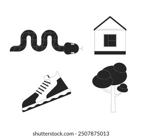 Conjunto de objetos de línea 2D en blanco y negro con precauciones para la vida silvestre. Serpiente venenosa, zapatilla de deporte, árbol, casa aislada Vector contorno artículos colección. Hogar, reptil, calzado ilustraciones de punto plano monocromático