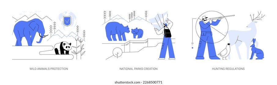 Wildlife preservation abstract concept vector illustration set. Wild animals protection, national parks creation, hunting regulations, hiking trail, shooting limit, ecosystem abstract metaphor.
