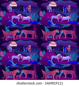 Wildlife for printing on fabric. Seamless pattern of tigers, lions and leopards new