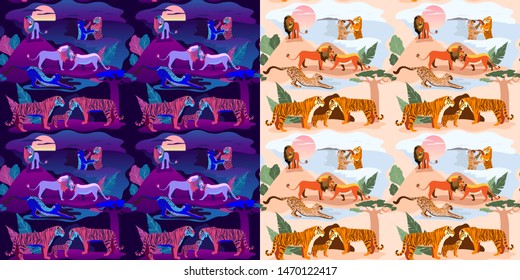 Wildlife for printing on fabric. Seamless pattern of tigers, lions and leopards.Two prints_