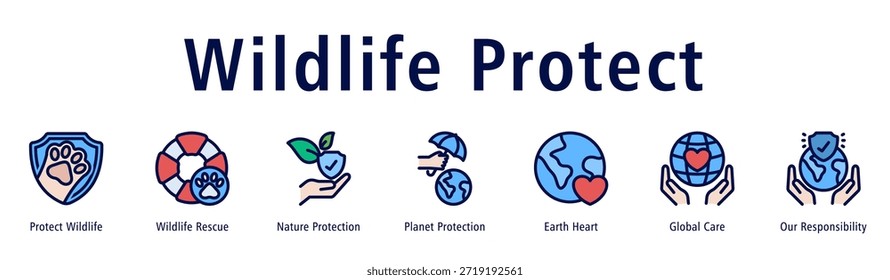 Ilustração do vetor do ícone do banner da Web da Proteção da Vida Selvagem com ícones da Proteção da Vida Selvagem, Resgate da Vida Selvagem, Proteção da Natureza, Proteção do Planeta, Coração da Terra, Cuidado Global e Nossa Responsabilidade.