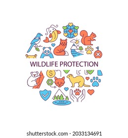 Wildlife protection abstract color concept layout with headline. Animal welfare creative idea. Save pets from cruelty. Biodiversity protection. Isolated vector filled contour icons for web background