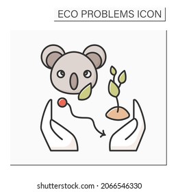 Wildlife protection color icon. Plant and Koala bear in palms. Biodiversity loss, ecosystem sustainability and animal population recreation concept.Isolated vector illustration