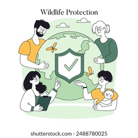 Wildlife Protection concept. People united in conserving nature, symbolized by a shield over the Earth. Advocacy for environmental care. Vector illustration.