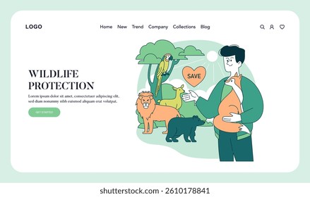 Wildlife protection concept. A person surrounded by various animals advocates for conservation and animal welfare. The illustration promotes the importance of wildlife preservation. Vector