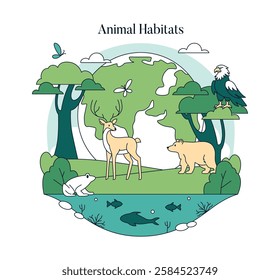 Wildlife Protection Day emphasizes the importance of preserving animal habitats worldwide. This illustration features diverse species including deer, bears, frogs, and fish, showcasing various