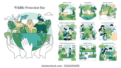 Wildlife Protection Day encourages awareness and action for the preservation of wildlife and their habitats. This illustration captures key themes such as harmony in diversity, children's education