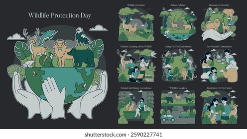 Wildlife Protection Day illustration. Celebrating the connection between humans and wildlife, this design features diverse species, community efforts in conservation, and educational initiatives. It