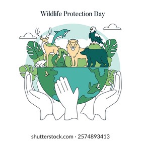 Wildlife Protection Day illustration. A celebration emphasizing the importance of conservation and biodiversity. Various animals represent the need for protection and stewardship. Hands symbolize