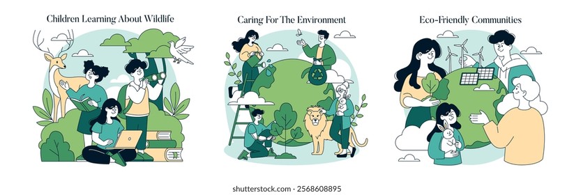 Wildlife Protection Day illustration. Children actively engaging in wildlife education while emphasizing environmental care. Communities working together for sustainability and animal welfare. Vector