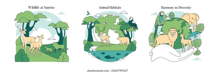 Wildlife Protection Day illustration. This artwork emphasizes the need for conservation of diverse animal habitats across the globe. It depicts various ecosystems and the importance of ecological