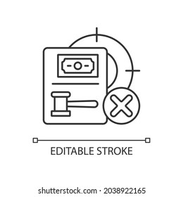 Wildlife protection linear icon. Act punishment or no license hunting fee. Provision offence. Thin line customizable illustration. Contour symbol. Vector isolated outline drawing. Editable stroke