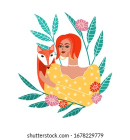 Wildlife protection and rescue concept. Girl with fox vector illustration. Female loves and protects animals with flowers on background. Caring about ecology and fauna. 