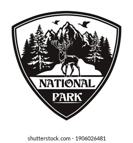 Wildlife protection symbol design. Monochrome element with reindeer or moose in forest, mountain landscape vector illustration with text. National park concept for stamps and emblems templates