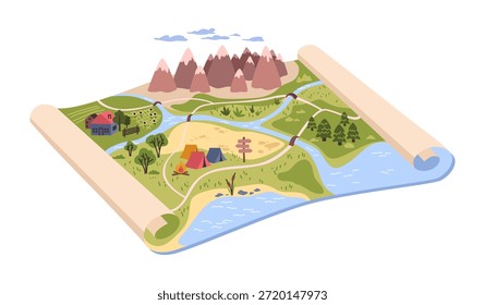 Reserva de vida selvagem, rolo isolado de mapa 3d de terrenos com rios, montanhas e florestas. Caminhadas vetoriais e planejamento ao ar livre para turistas e campistas. Trilhas e alterações de elevação