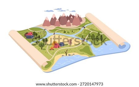 Wildlife reservation, isolated scroll of 3d map of terrains with rivers, mountains and forests. Vector hiking and outdoor planning for tourists and campers. Trails and elevation changes