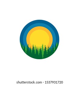 Wildlife round logo dense Siberian forest on a background of sun and sky landscape illustration for print on clothes