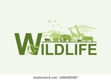 Wildlife Safari Vielfalt und Ökologie von Grasland Savanne, Silhouette der Wildtierfamilie, Umwelt- und Wildtierschutz, Nationalpark in Afrika, Eco Friendly und World Wildlife Day.