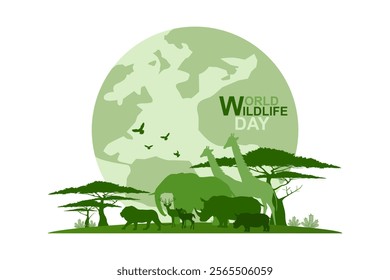 Wildlife safari diversity and Ecology of grassland savanna, Silhouette of wildlife family, Environmental and Wild animals conservation, National park in Africa, Eco friendly and World wildlife day.