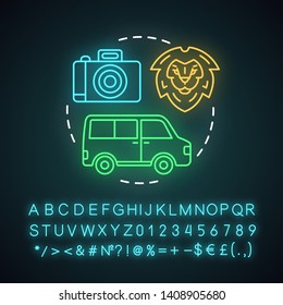 Wildlife and safari tour neon light concept icon. National parks. Travel experience idea. Wild animals observation. Glowing sign with alphabet, numbers and symbols. Vector isolated illustration