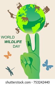 Wildlife save concept vector illustration, nand and earth with animals