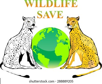 Wildlife saving conceptual illustration. 2 leopards sitting and earth globe. isolated on white