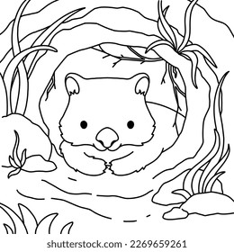 Wildlife scene with cute wombat resting in the hole. Vector cartoon illustration in line art style. Kawaii character design. Printable colouring page for children. Ready to print black and white image