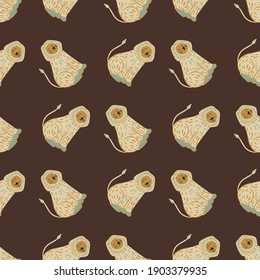 Wildlife seamless animal pattern with beige hand drawn lion shapes. Brown background. Kids style. Graphic design for wrapping paper and fabric pattern. Vector Illustration.
