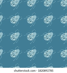 Wildlife seamless doodle pattern with folk bugs silhouettes. Blue colors palette insect print. Nature simple backdrop. Perfect for wallpaper, textile, wrapping paper, fabric print. Vector illustration