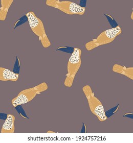 Wildlife seamless pattern with hand drawn beige toucan birds elements. Grey background. Doodle backdrop. Flat vector print for textile, fabric, giftwrap, wallpapers. Endless illustration.