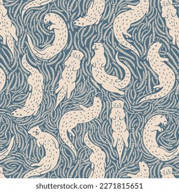 Wildlife Seamless Pattern with Hand Painted Otters and Plants. Cute swimming Otters. Repeat Design good for wallpaper, fabric, baby clothes, blankets, backgrounds.