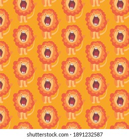 Wildlife seamless pattern with lion on yellow background. Sleeping or dreaming animals. Textile or print design