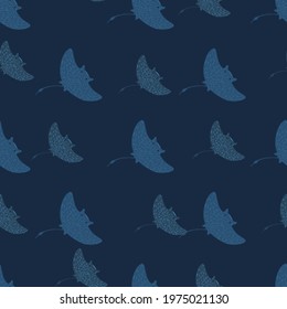 Wildlife seamless pattern with nature stingray silhouettes print. Navy blue dark backround. Doodle shapes. Designed for fabric design, textile print, wrapping, cover. Vector illustration.