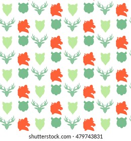 Wildlife seamless pattern. Zoo ornament for print, fabric, cloth, child items and wrap. Nature fauna wallpaper. Silhouettes head animals background. Vector