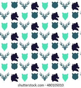 Wildlife seamless pattern. Zoo ornament for print, fabric, cloth, child items and wrap. Nature fauna wallpaper. Silhouettes head animals background. Vector